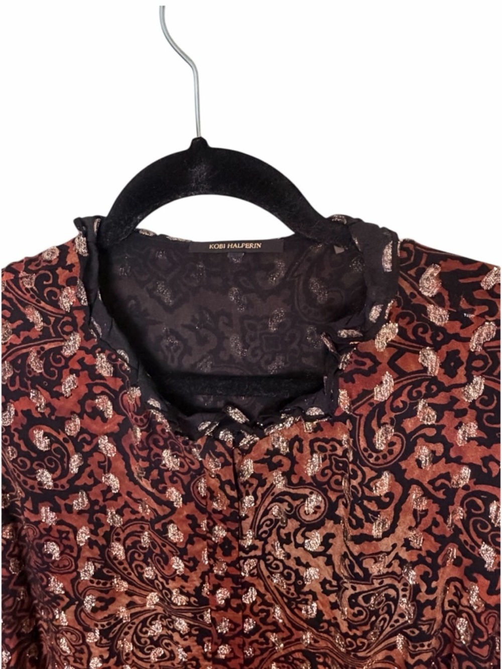 Kobi Halperin Metallic Gold Paisley Black with Brown Tones Ornate Blouse XL - Picture 6 of 12